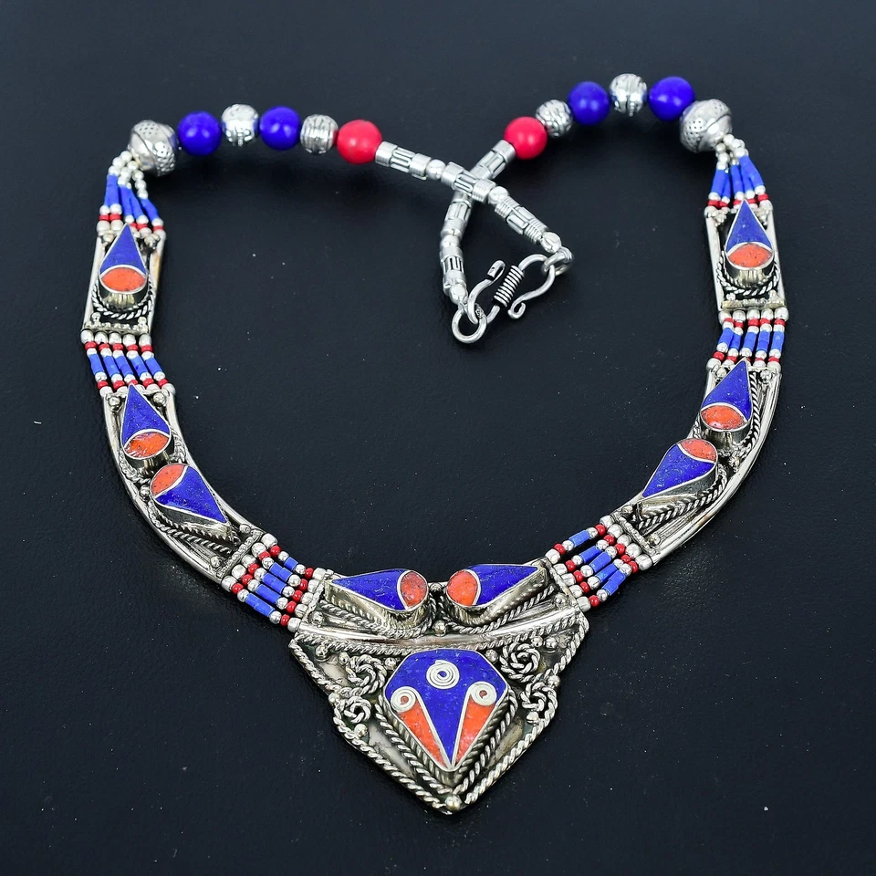 Collana Tibetano Nepalese Argento Sterling 925 Etnico Corallo Rosso... - Immagine 2 di 4