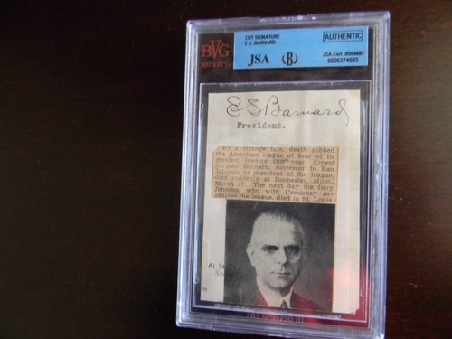 ERNEST BARNARD SIGNED/AUTO INDEX CARD AMERICAN LEAGUE BASEBALL PRES. SLABBED JSA