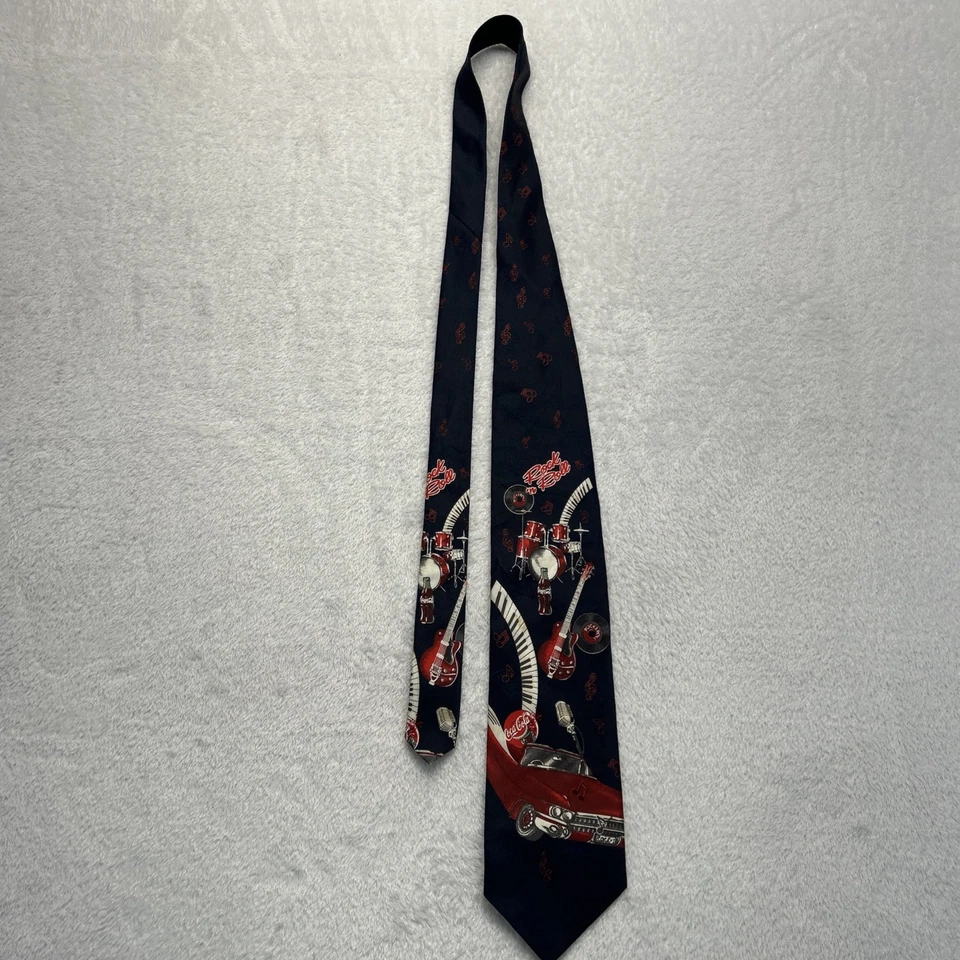 Coca Cola Navy Blue Rock N Roll Theme Men’s Necktie 3.75”x 57” 100% Polyester - Image 4 of 4