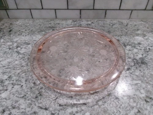 Jeannette Pink Depression Glass Cake Plate, Footed, Vintage, Etched Flowers,