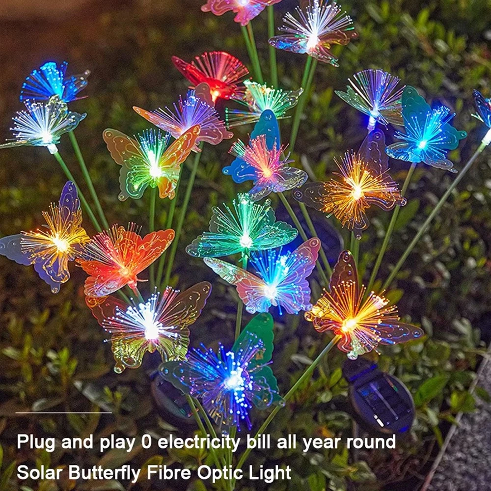 4x LED Solar Fiber Optic Butterfly Lights 8-Head Garden Outdoor Waterproof Decor