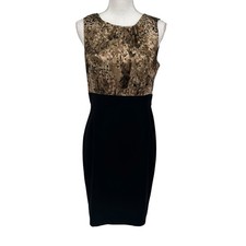 Tahari Black Beige Mottled Print Sleeveless Satin Sheath Dress Sx 8