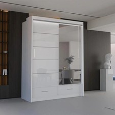 Image of CHOICEWARDROBE SYLVORA 150 White High Gloss Sliding Wardrobe LED Bedroom
