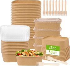 Eco-Friendly 25oz Paper Meal Prep Bowls, 50pk with Lids, Freezer & Heat Safe
