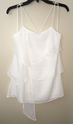CACHE White Tiered Ruffled Blouse Spaghetti Tie Back Top S/L Shirt NEW Womens XS