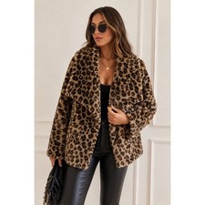 Cy Fashion Leopard Print Faux Fur Teddy Jacket Coat Women's M