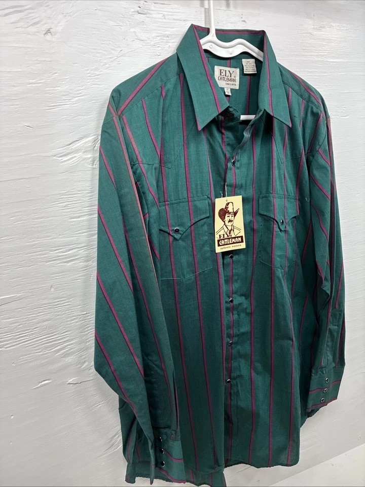 Nuevo Hombre ELY Cattleman Verde Rosa Tira Manga Larga Perla Snap 16 X 34 XL H-83 Foto 2 de 4