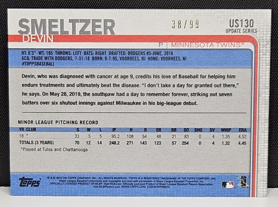 2019 Topps Update Vintage Stock Devin Smeltzer RC '/99 US130 Twins