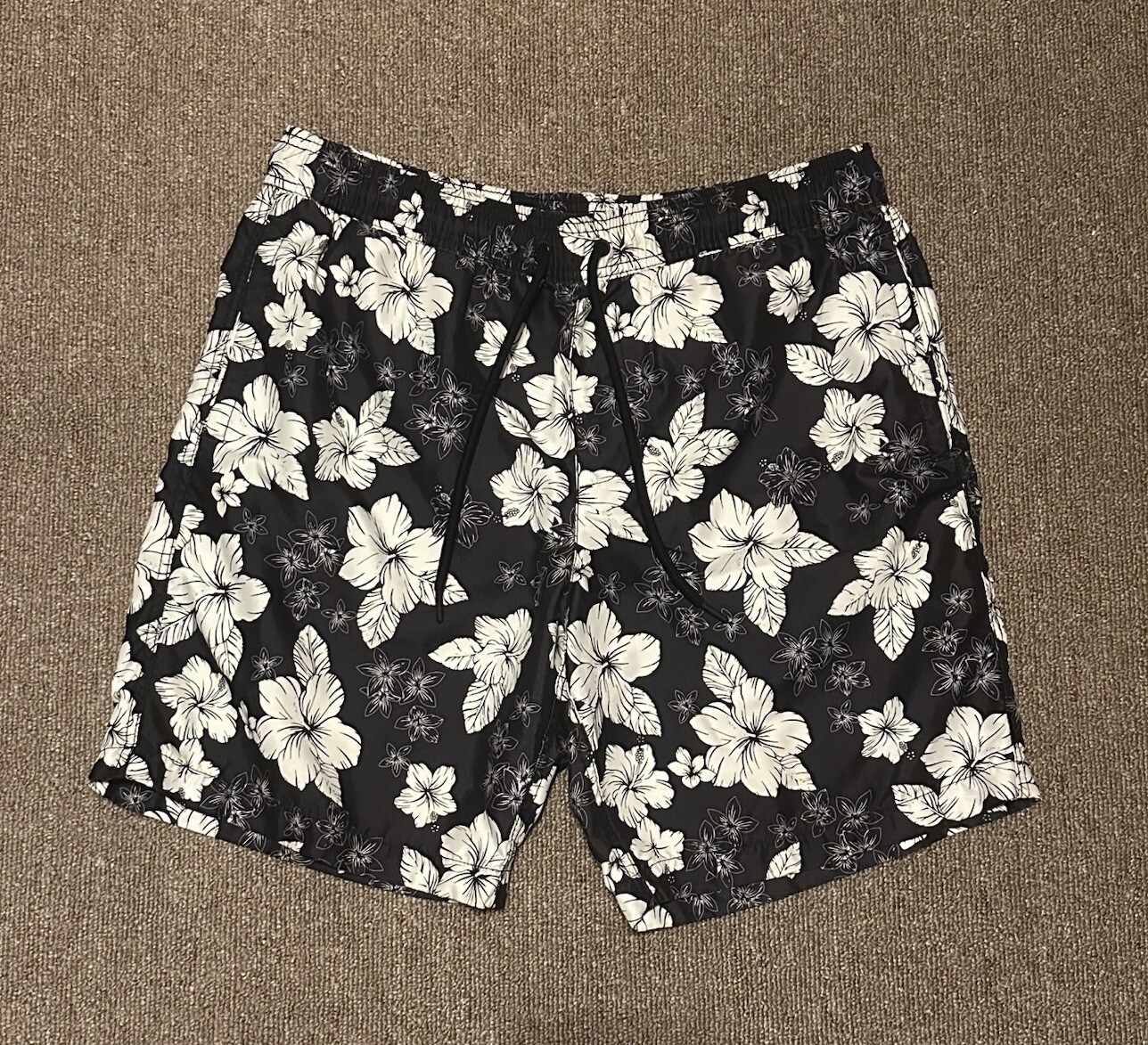 Amazon Essentials Black Hibiscus Flower Swim Trun… - image 1