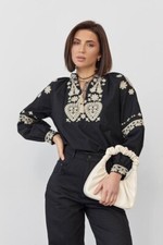 Ukrainian Vyshyvanka Black embroidered women blouse long sleeve shirt embroidery