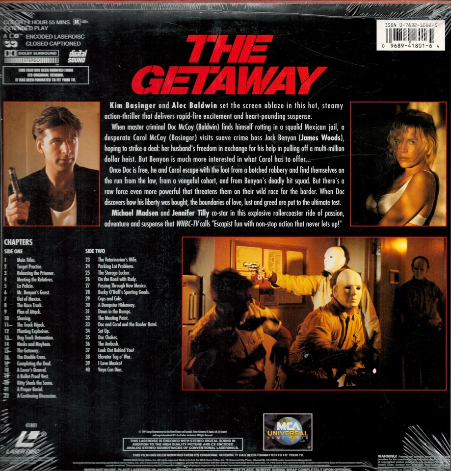The Getaway Laserdisc (1994 )Kim Basinger Michael Madsen Jennifer Tilly - Image 2 of 2