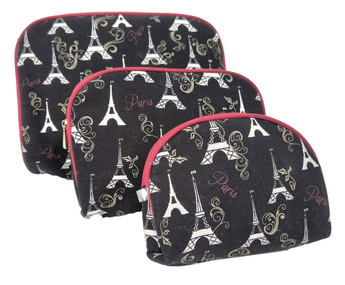 Enchante Paris Eiffel Tower Pouch Set Black/White/ Pink Zipper