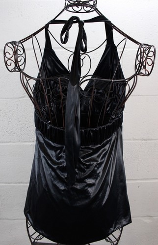 $238 POLECI Black Liquid Drape Back Cutout Ruched Sexy Chic Halter Top M NWT - Picture 3 of 5