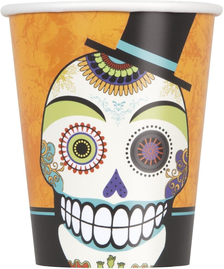 Pack of 8 Paper Cups Day of Dead - 270ml Halloween  Party Tableware Supplies