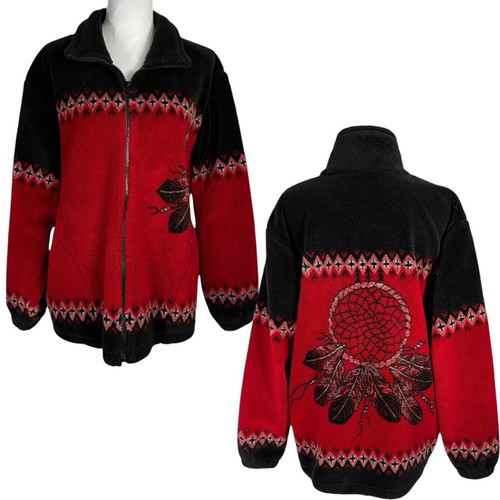 Vintage Coastlines Western Boho Fleece Jacket Size M Dreamcatcher Black Red