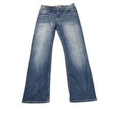 BKE Tyler Bootcut Jeans Mens 34x32 Blue Wash Denim Whiskered Distressed Buckle