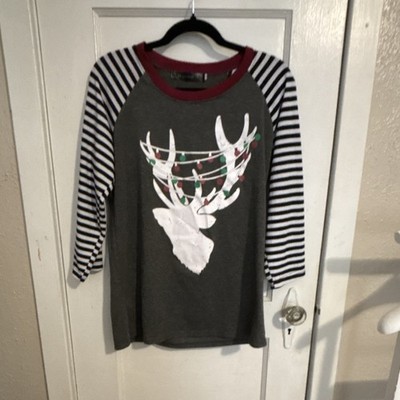 liu yu xuan Gray Pullover Striped Raglan 3/4 Sleeve Reindeer Women's T-Shirt M