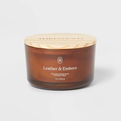 3-Wick Amber Glass Wooden Wick Leather and Embers Jar Candle 13oz