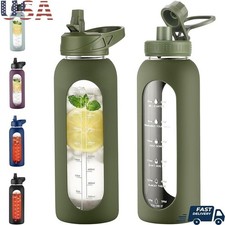 Borosilicate Glass Water Bottle W/ Straw Leakproof Wide Mouth Hydration New