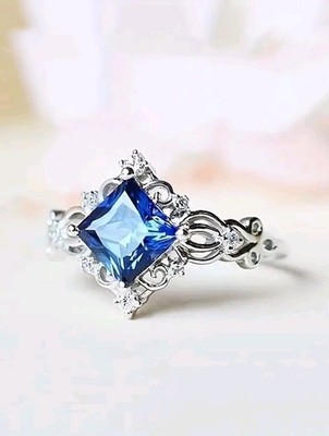 Silver-Plated Copper Blue Diamond Shaped CZ Ring Size 8