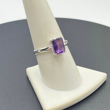 Sterling Silver Natural Emerald Cut Purple Amethyst Solitaire Ring Size 8.25