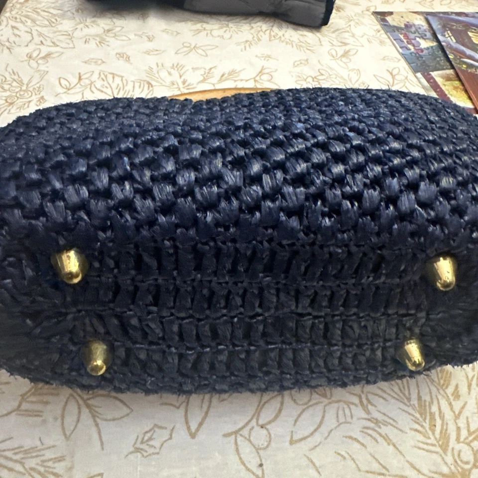 Vintage ADG 60s Navy Blue Woven Wicker Straw Handbag Wood Handle Nice Size - Image 2 of 4