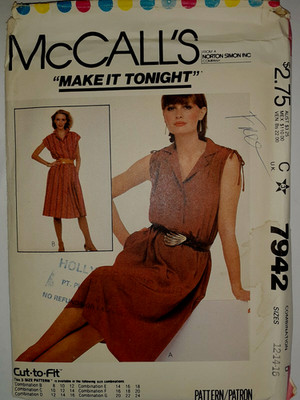 McCall's 7942 Dress Sewing Pattern Ladies 12 14 16 Easy Sleeveless Loose V Neck