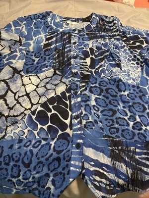 NWOT Susan Graver 2X Blue Patchwork Mixed Animal Print Button-Down Top Roll-Tab