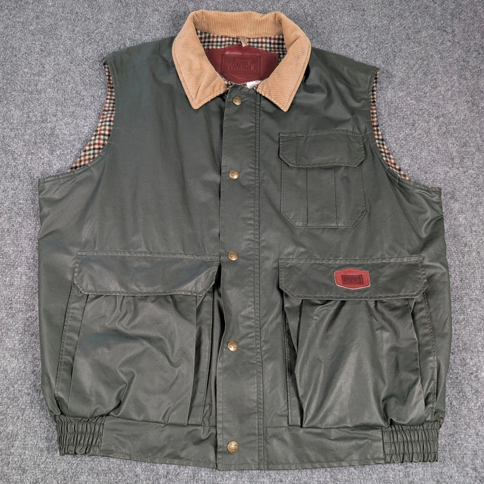 Woolrich Waxed Cotton Hunting Vest Mens Large Green Plaid Lined Made in USA