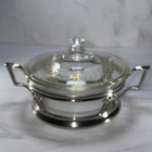 Antique 1922 PYREX Round Casserole With Lid & Silver Plate Cradle 193-197 Gold