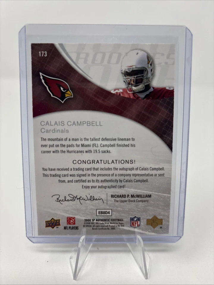2008 SP Authentic Rookie Signatures Autograph #173 Calais Campbell Cardinals RC - Image 2 of 4