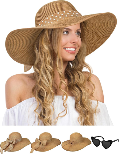Sun Hats for Women, Wide Brim Floppy Beach Straw Hat for Summer Travel Vacation