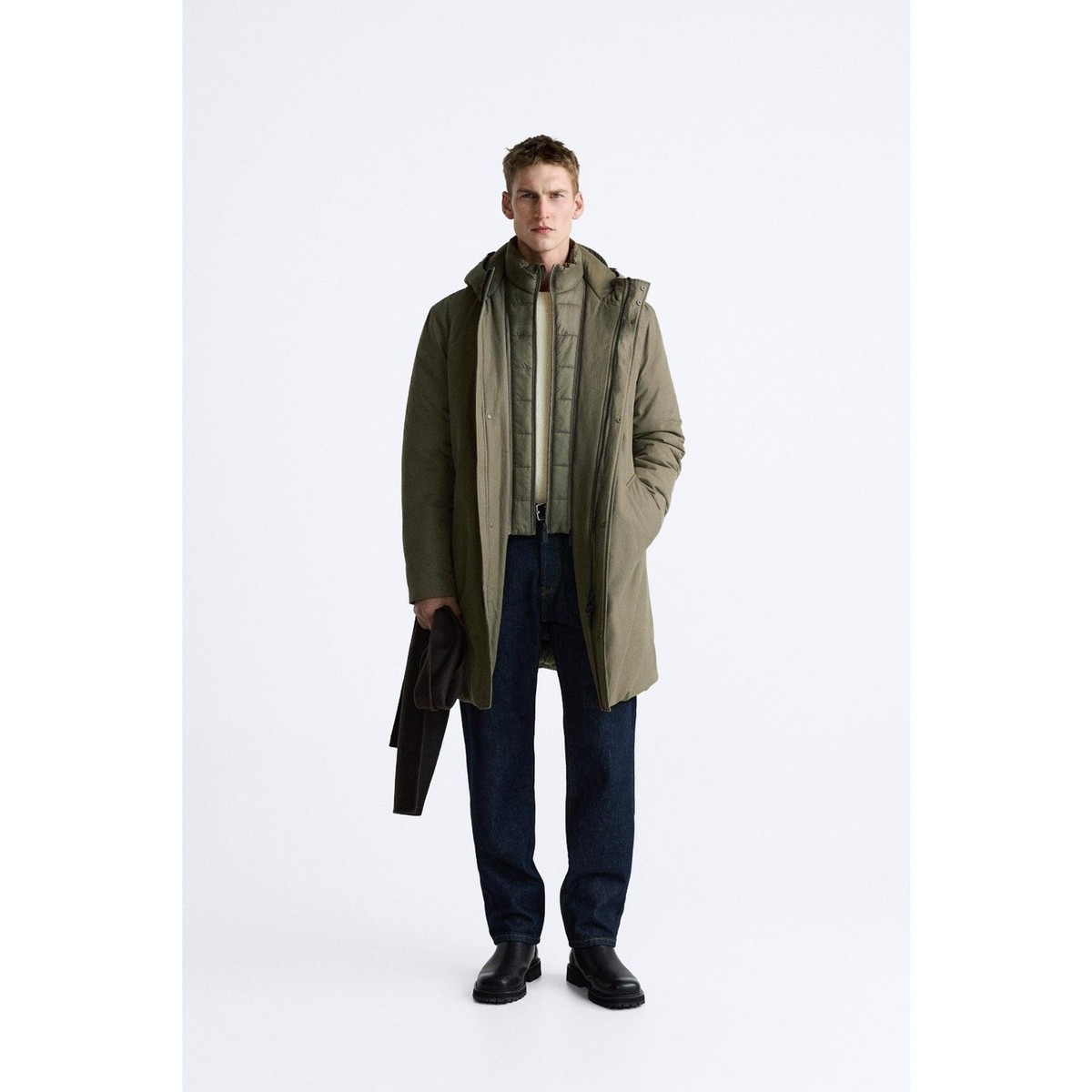 ZARA Men's Long Puffer Parka Jacket Olive Green Hooded Coat Size L