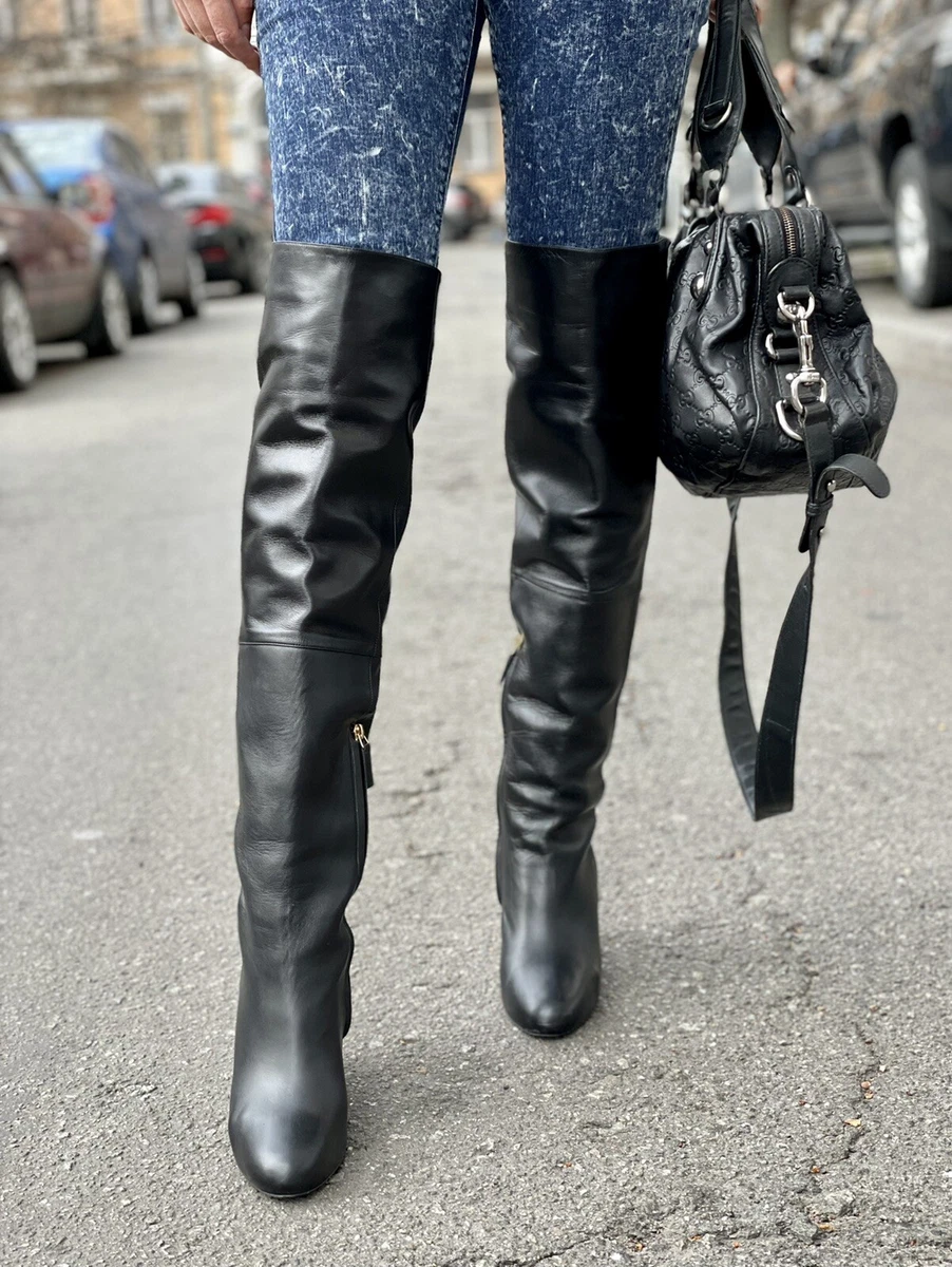 Authentic Chanel Black Leather CC Logo Over The Knee Wedge Boots