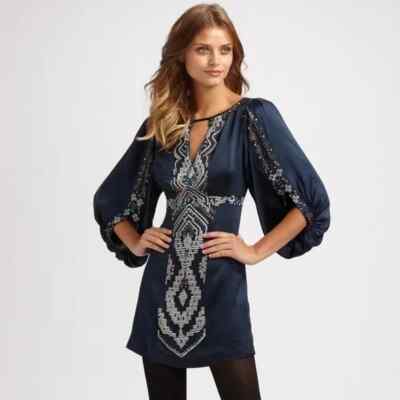 Nanette Lepore Star Cross Mini Dress 0 Silk Beaded Cocktail Y2K Babydoll Party