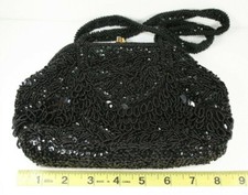 Hand Made Vintage Black Beaded Sequined Purse Clutch Crown Colony of Hong Kong