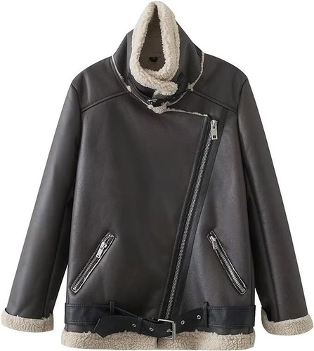 Women Faux Leather Jacket Fur Lined Winter Coat Warm Zip Up Notched Collar Moto - Picture 3 of 50