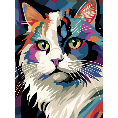Flauschige Stoffpuppe Katze Portrait bunt lila blau schwarz modern Leinwand Poster Kunst
