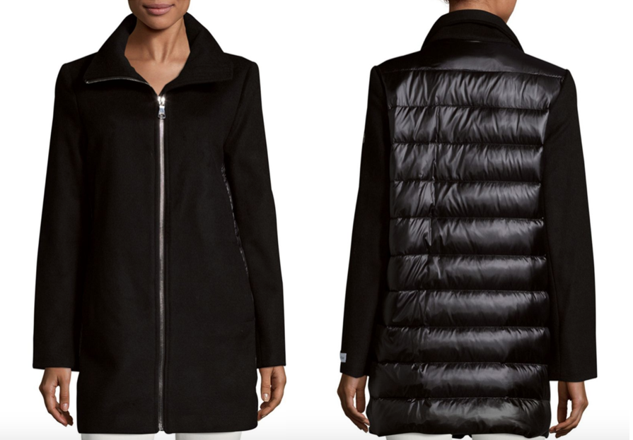 NEW Calvin Klein LONG BLACK WOOL COAT QUILTED BACK DOWN JACKET SIZE XS