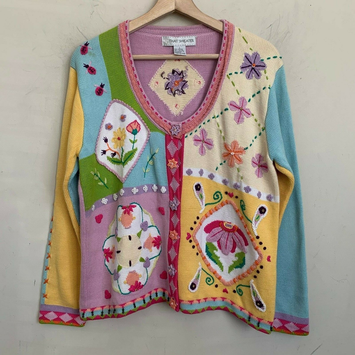 That Sweater Cardigan Collarless Pink Multi Floral Design