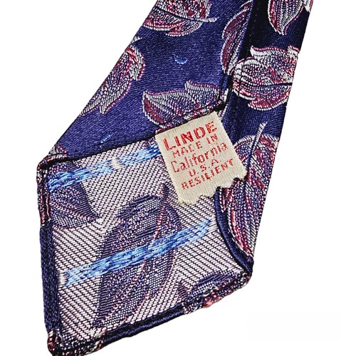 Vintage 40's Linde Tie Mens Purple Shimmer Leaves California MCM Necktie USA - Picture 3 of 5