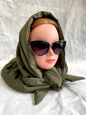 Puffer HEADSCARF  Green Babuska Quilted Shawl Triangle Shawl Hood Scarf Hat