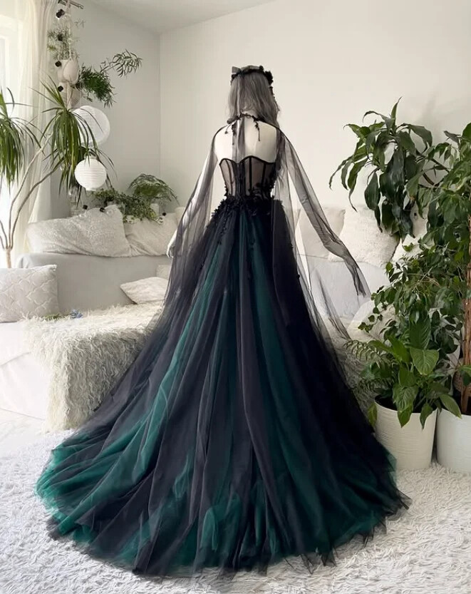 Vintage V-Neck Green Wedding Dresses Black Tulle Flower Applique Long A-Line | eBay Vintage V-Neck Green Wedding Dresses Black Tulle Flower Applique Long A-Line | eBay