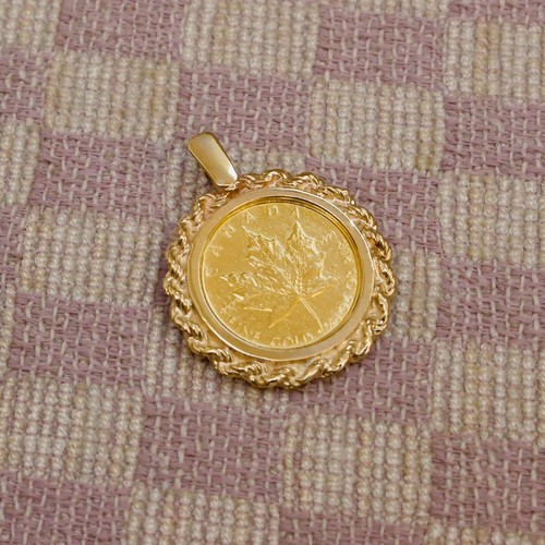 ESTATE 1/10oz 9999 FINE GOLD 1985 MAPLE LEAF COIN SET IN 14K GOLD ROPE ...