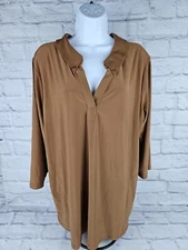 Attitudes by Renee Womens Top Brown Sz XL Silky Tunic Pockets Hi Lo Pleated Back