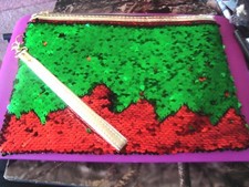 Large Red  Green Sequined Reversible Bag / Wristlet / Make up / Phone / Money