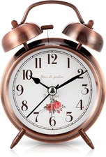Loud Twin Bell Alarm Clock with Backlight, Silent Analog Design, Copper Red