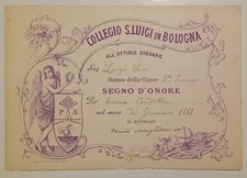 BOLOGNA COLLEGIO SAN LUIGI CARTONCINO SEGNO D'ONORE ANNO 1881 STUPENDO VEDI... 