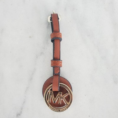 Michael Kors Gold Tone Logo Charm Key Fob Purse Hang Tag Circle Brown Leather