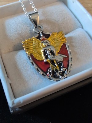 Sterling Michael der Erzengel Schutzmedaillon gold bemalt Hand Emaille